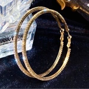 18k Yellow Gold CZ Pave Stone Large Hoops Hoop Earrings